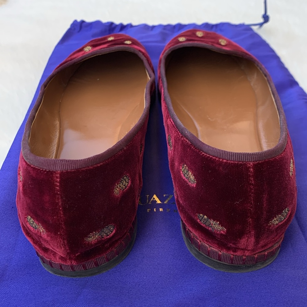 Aquazzura Maroon Velvet Embroidered Golden Pineapple Print Slip-On Ballet Flats - Picture 7 of 15